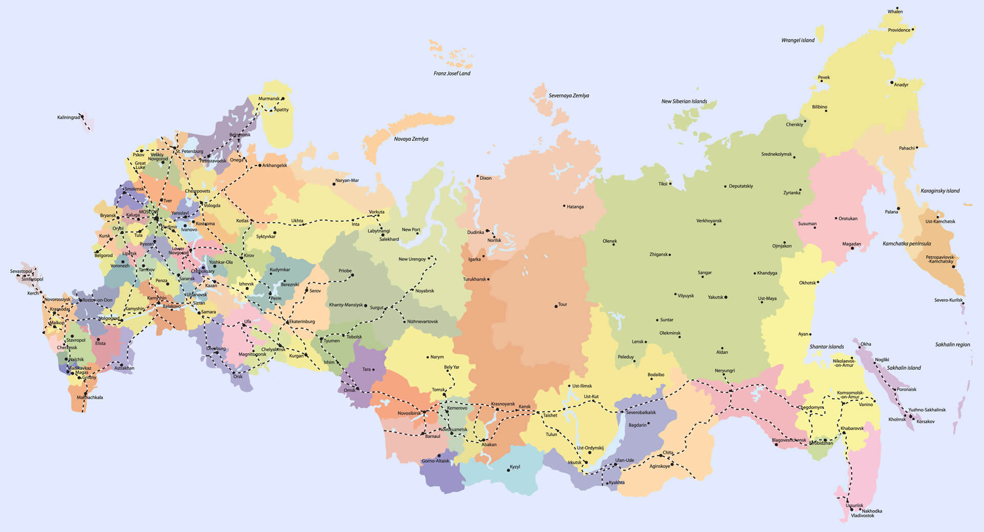 Şehirler Bölgeleri ile Rusya'nın Detaylı Haritası